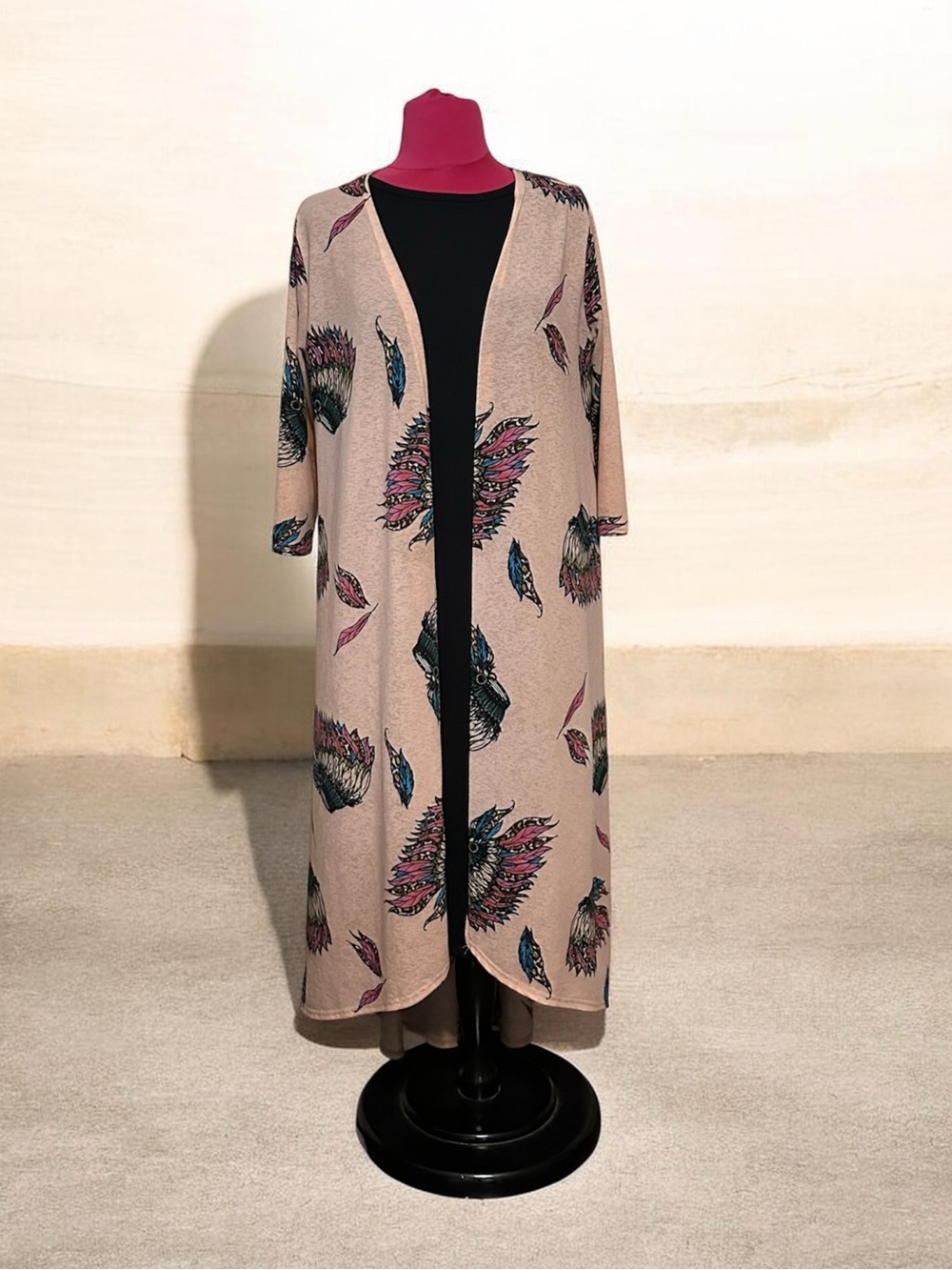 Lightweight Full Length Open Cardigan with Feather Print Size S/M